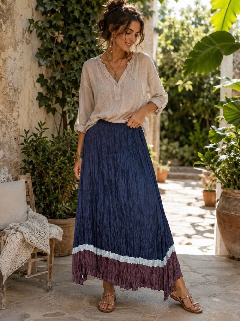 Long Tall Sally 100% Silk Crinkle Maxi Skirt Blue Colorblock Size 12 Boho Tall